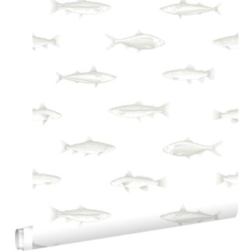 Tapete Federzeichnung Fisch Weiß und Silber von ESTAhome