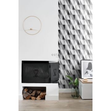Wohnzimmer Tapete grafische Dreiecke Schwarz, Grau und Weiß 139121