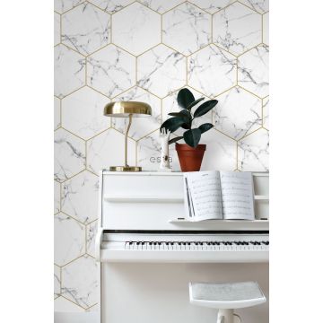 Wohnzimmer Fototapete Marmor-Optik Schwarz-Weiß und Gold 158955