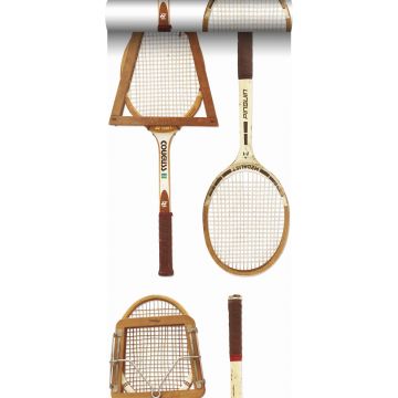 XXL-Vliestapete Vintage-Tennisschläger Weiß, Braun und Beige von ESTAhome