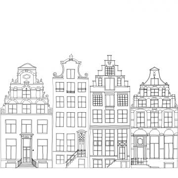 Fototapete gezeichnete Amsterdamer Grachtenhäuser Schwarz und Weiß von ESTAhome