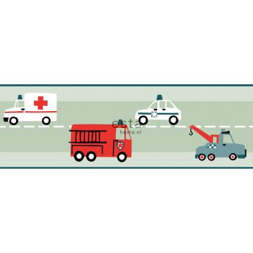 selbstklebende Tapetenbordüre Autos, Löschfahrzeuge, Hubschrauber und Kräne Mintgrün, Rot und Weiß von ESTAhome