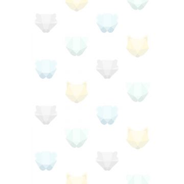 Fototapete Origami Tierköpfe Pastell Mintgrün, Pastellblau, Pastellgelb, Hellgrau und Weiß von Origin Wallcoverings