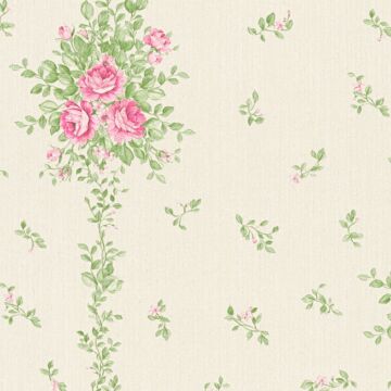 Tapete Blumen Rosa, Grün und Crême-Beige von A.S. Création