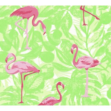 Tapete tropische Blätter mit Flamingos Grün und Rosa von A.S. Création