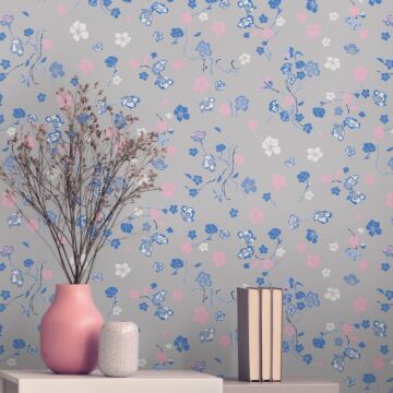 Tapete Blumenmuster Grau, Blau, Rosa und Weiß von Livingwalls